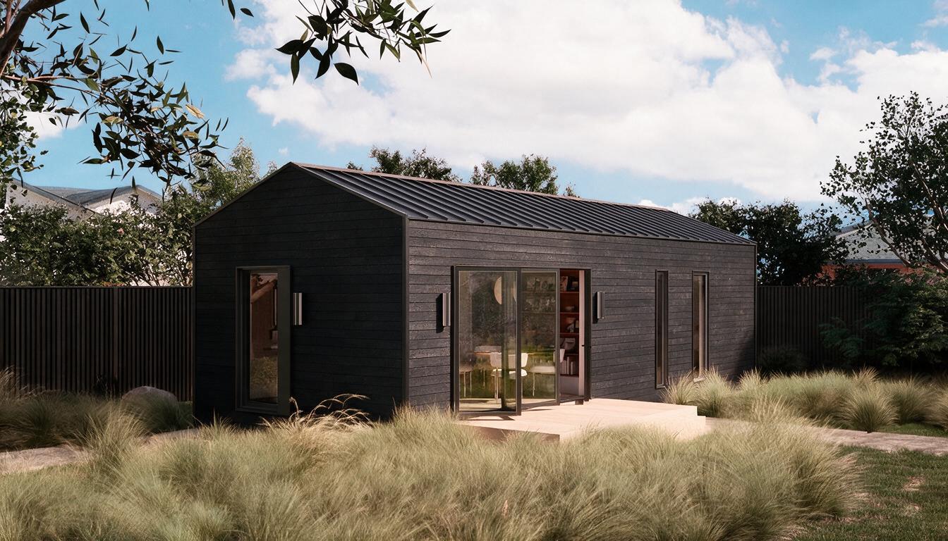 Dark cedar prefab home in native landscaping