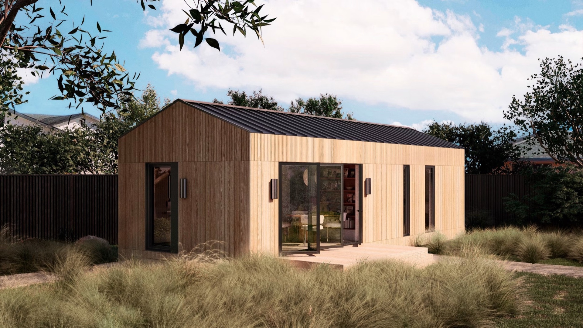 Base prefab home clad in natural cedar