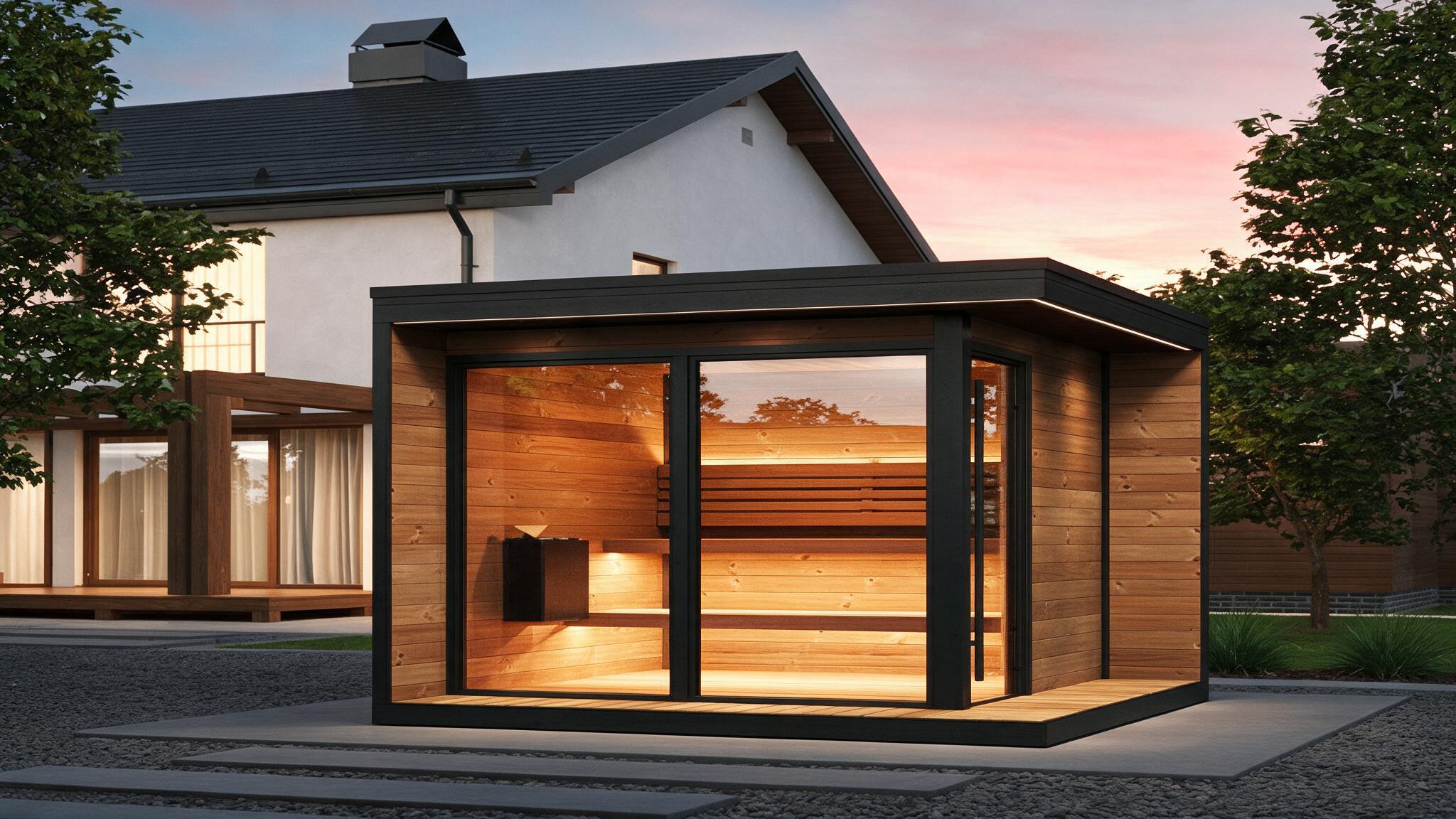 Cedar and black-framed garden sauna glowing at sunset